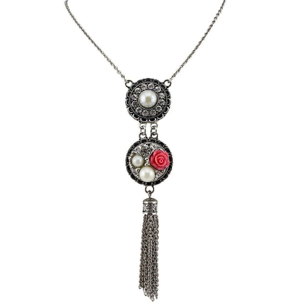 Gingersnaps Victorian Style Faux Pearls Tassel Silver Tone 34” Necklace